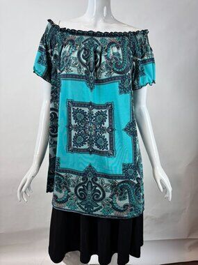 INC International Concepts Womens Off-The-Shoulder Tunic Top Blue Paisley Print